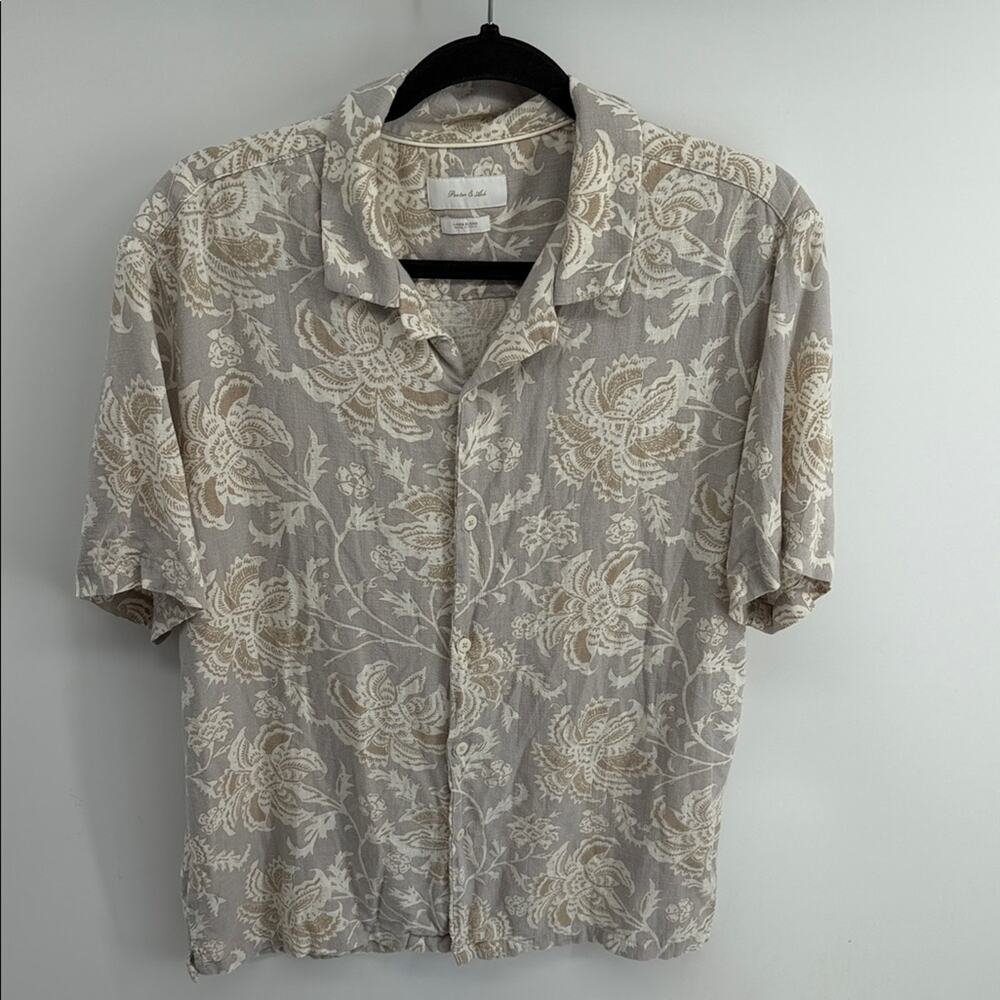 Porter & Ash linen blend neutral short sleeve button up shirt sz L